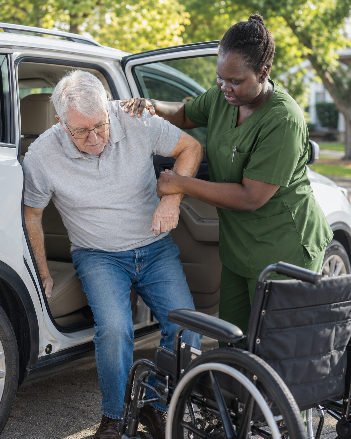 A Selena M Barach caregiver in green scrubs helping an older man step out of an SUV, with a wheelchair ready beside him.