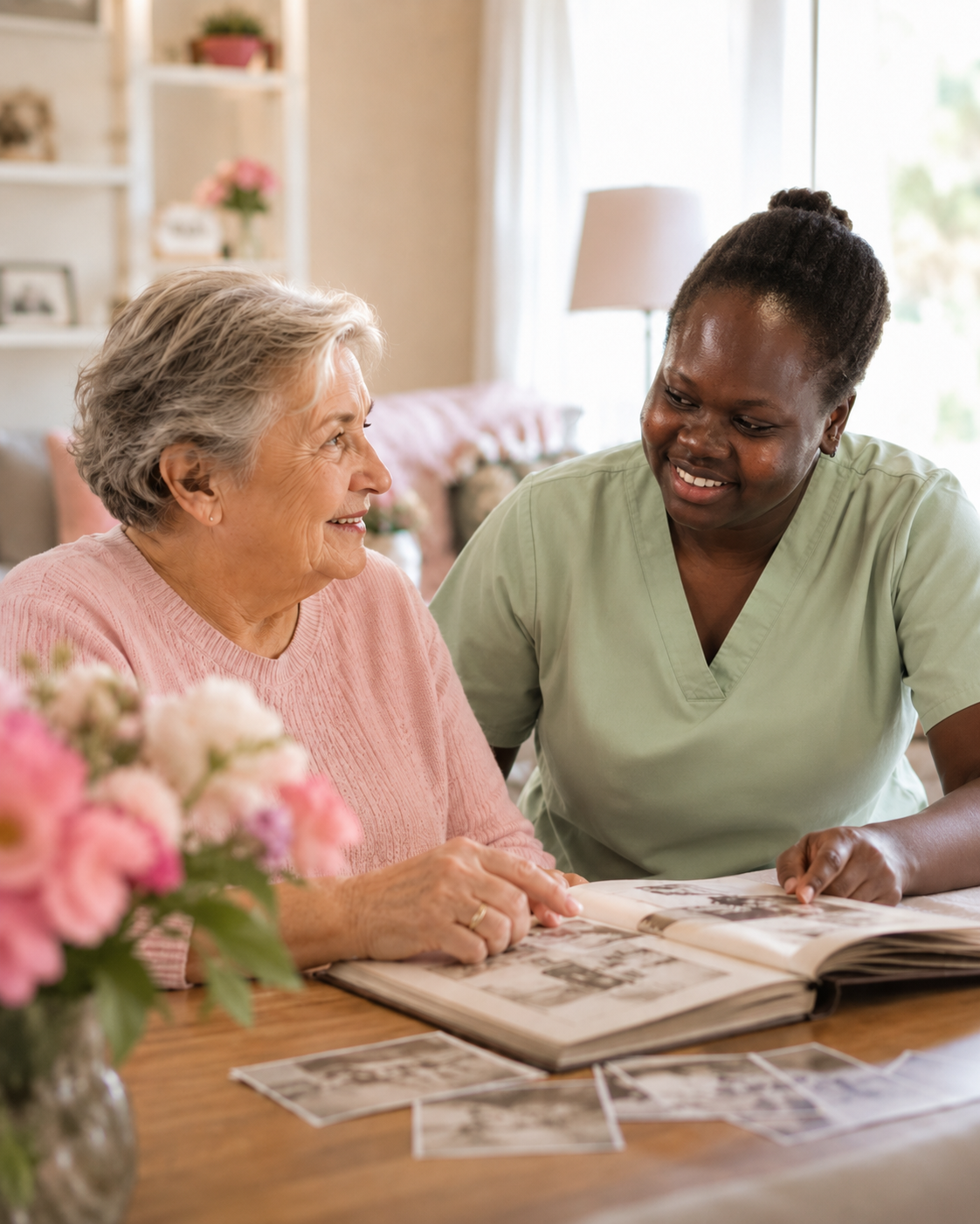 A Selena M Barach caregiver in green scrubs sitting with an older woman at home, looking through an old photo album together.