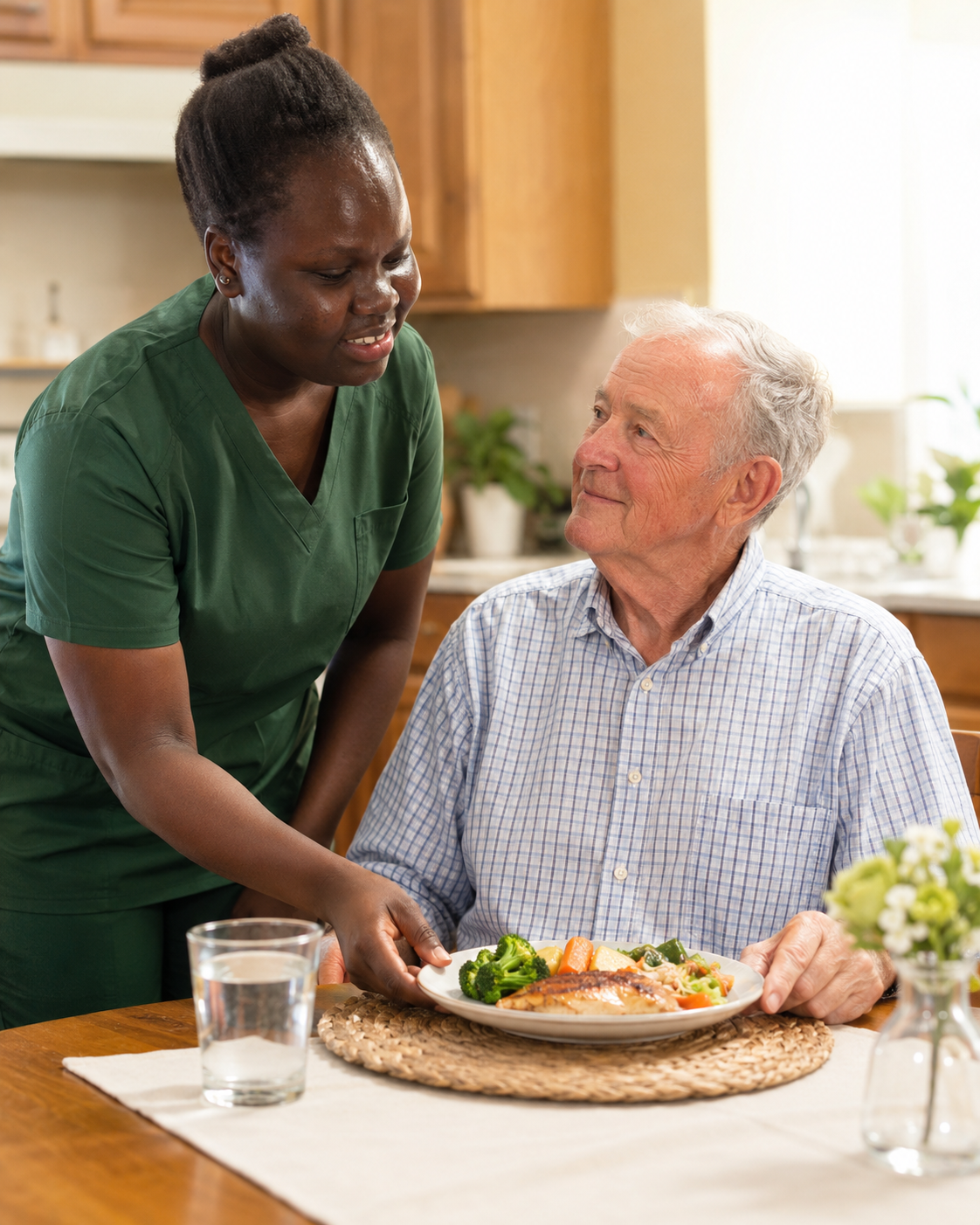 A Selena M Barach caregiver in green scrubs serving a hot, home-cooked meal to an older man at his kitchen table.