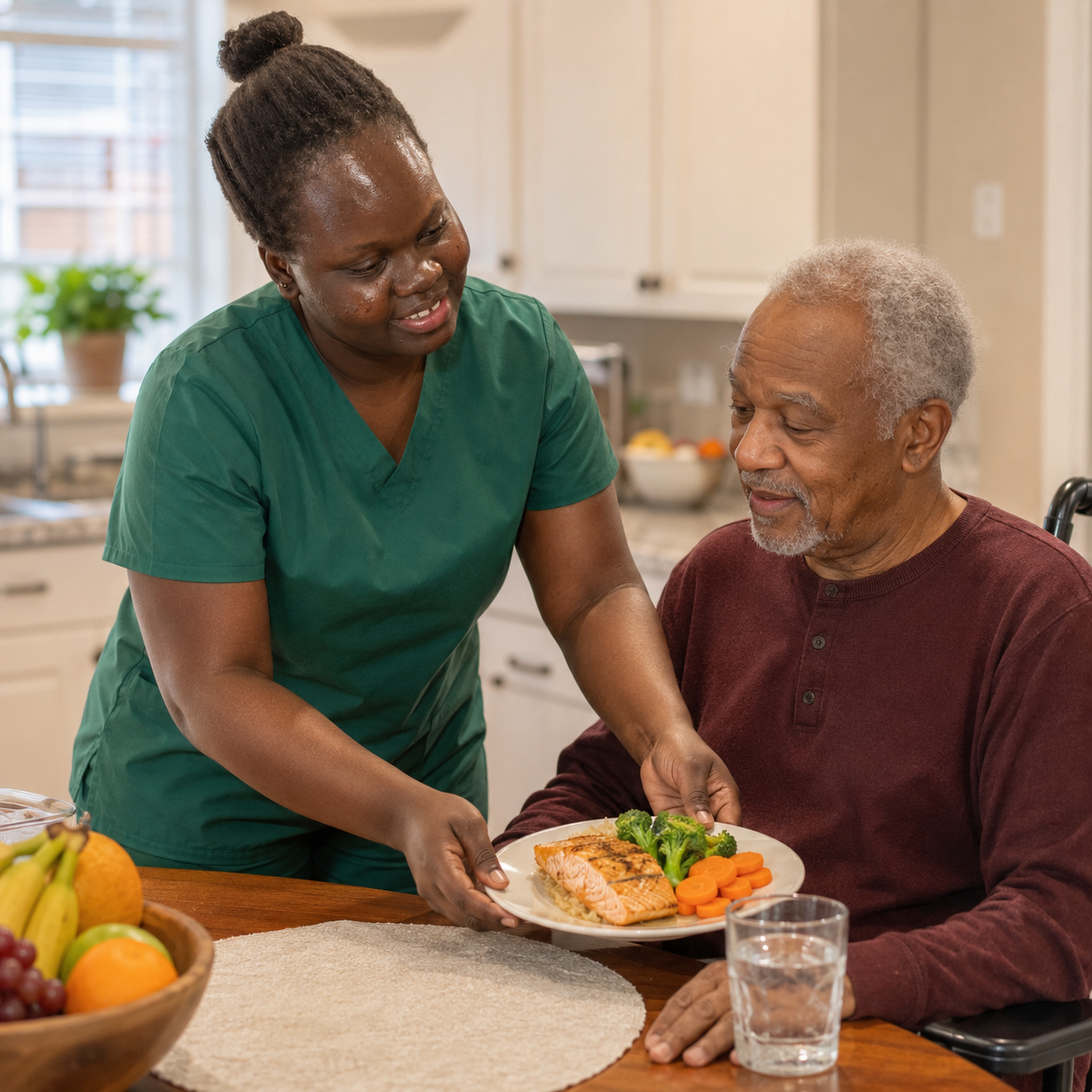 A Selena M Barach caregiver in green scrubs serving a home-cooked plate of salmon and vegetables to an older man at his kitchen table.