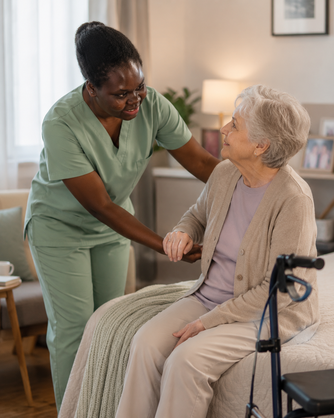 A Selena M Barach caregiver in green scrubs gently helping an older woman sit at the edge of her bed at home, with a walker beside her.