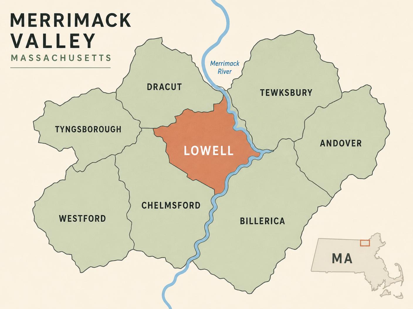 Illustrated map of the Merrimack Valley showing Lowell, Chelmsford, Dracut, Tewksbury, Billerica, Westford, Tyngsborough and Andover, Massachusetts.
