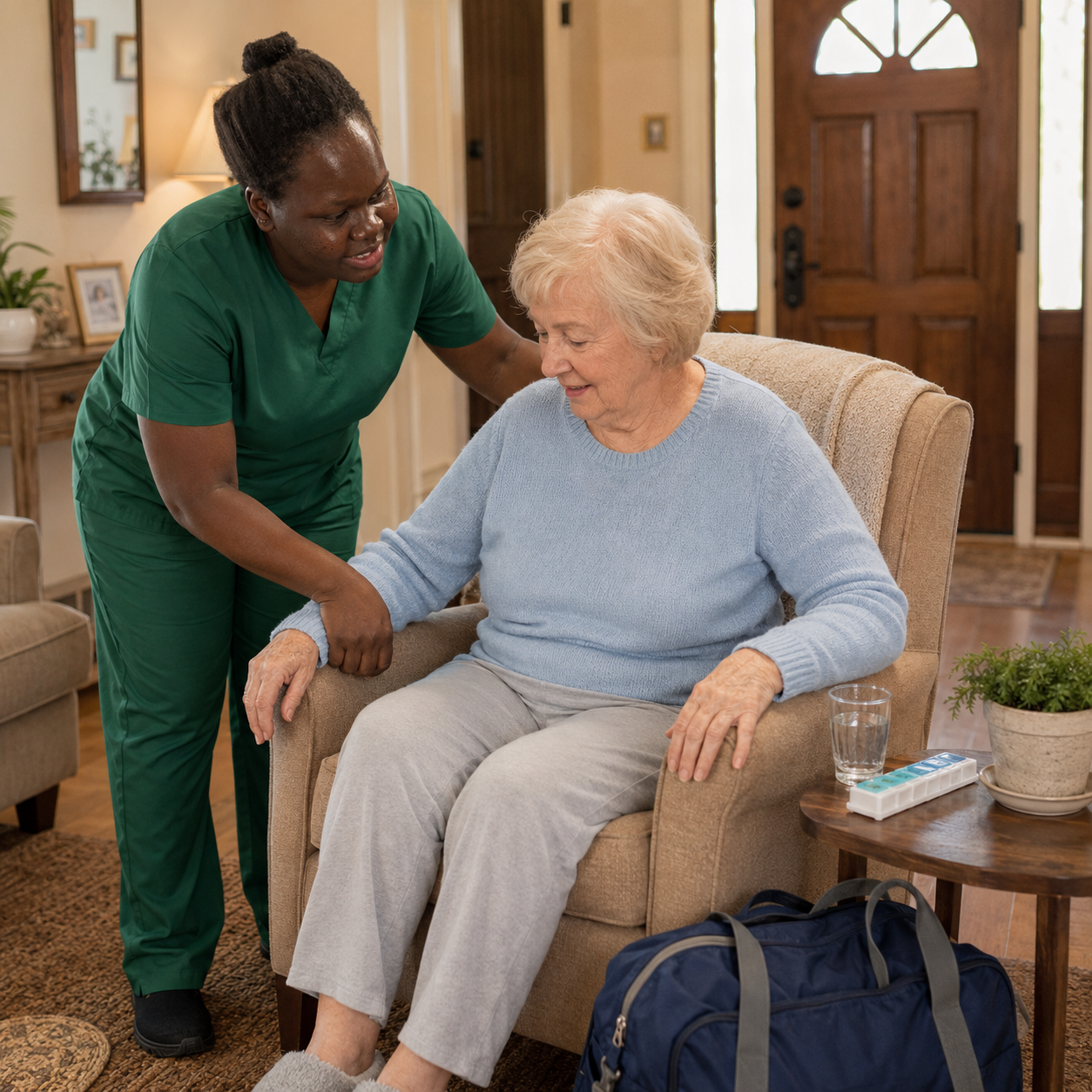 A Selena M Barach caregiver in green scrubs helping an older woman up from her armchair at home, with her hospital bag and pill organizer nearby.