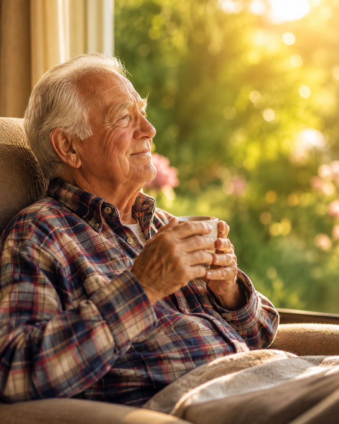 An older man in a plaid shirt sitting peacefully in an armchair with a cup of tea, watching the golden evening light through the window.