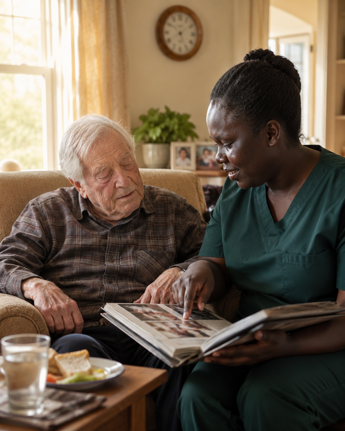 A Selena M Barach caregiver in green scrubs sitting beside an older man in a plaid shirt, looking at a family photo album together in his sunlit living room.